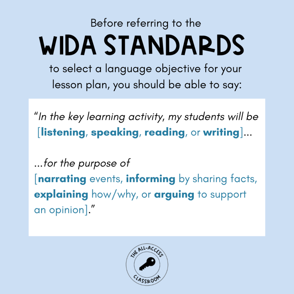 language objectives for lesson plan using WIDA standards